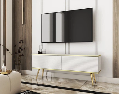 Тумба под ТВ Perfect Home Оро / Oro RTV135 MDF 2-дверная с золотыми ножками Белый