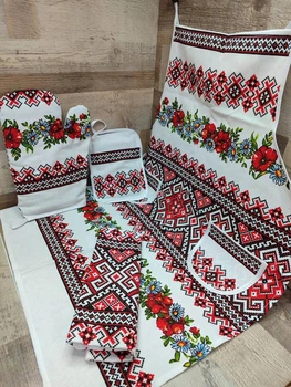 Полный набор для кухни фартук перчатка прихватка Белый с красным (Д-fartuh0005)