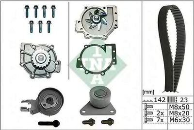 Комплект ременя ГРМ з помпою Ina Ford Focus II/Kuga I/Mondeo IV 2.5 05-15/Volvo C70/S40/S60/S80 2.0-2.5T 06-12 (23x142) (530 0467 30)