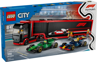 Zestaw klocków LEGO City F1 Ciężarówka z bolidami RB20 i AMR24 F1 1086 elementów (60445)