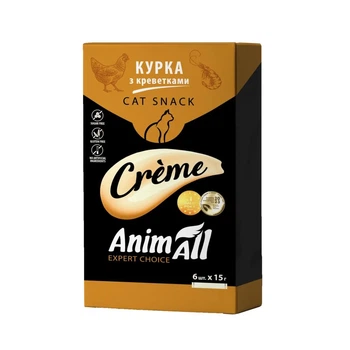 Жидкое лакомство для кошек AnimAll Cat Snack Creme с курицей и креветками (6 стиков х 15 г) (4820224502342)