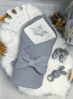 Детский конверт на выписку (плед + одеяло + бант на резинке) Демисезонный вязанный конверт-одеяло с Вышивкой (TeK8702)