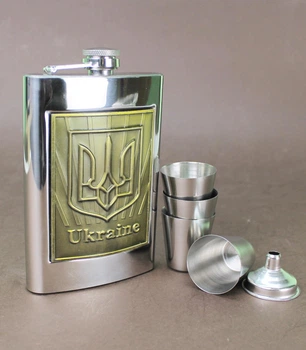 Набор фляги Silver coat of arms с воронкой и стопками подарок для парня, папы, военного, мужчины (21-0067)