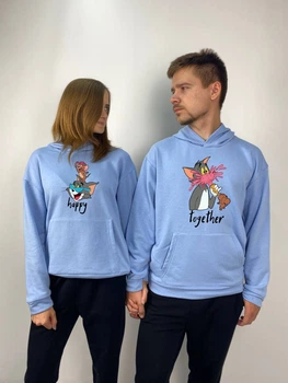 Парні худі з капюшоном без флісу, XL/XXL, M/L, блакитний, принт "Том і Джеррі" (1347)
