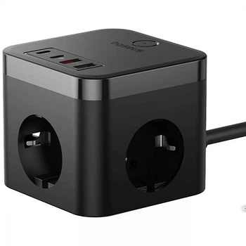 Мережевий фільтр (подовжувач) 2EU розетка+2USB+2C+кабель (1,5м) з швидкою зарядкою PowerCombo Cube 30W, Baseus (E00066400117-00)