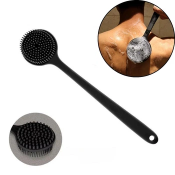 Двостороння масажна щітка - мочалка для тіла 2в1 Brosse скрабуюча губка для душу з щетиною і довгою ручкою, 37.5х8.3 см, чорний "Т" (100360527)