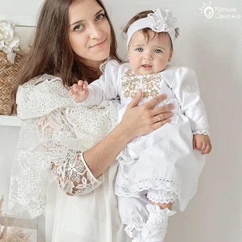 Костюм для крещения девочки с золотой вышивкой крестиком Мамине Сонечко 62 размер Мамин цветочек лен белый (арт. 11125-1)