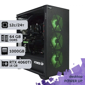 Робоча станція PowerUp Desktop #489 Ryzen 9 9900x/64 GB/SSD 1TB/GeForce RTX 4060Ti 16GB для 3D моделювання відеомонтажу рендерингу для інженерів та архітекторів
