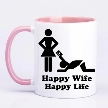 Чашка с печатью "Happy wife, happy life" (цвет розовый) (22721)