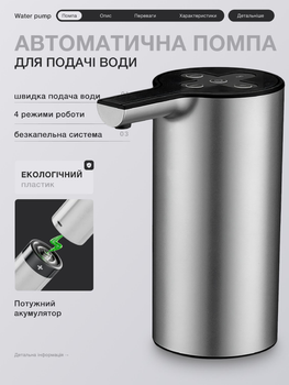 Электрическая помпа для воды аккумуляторная с usb кабелем с автоматическим набором для бутылей разного объема и бескапельной системой автоматический насос диспенсер на бутыль с индикатором заряда для дома и офиса серебряная