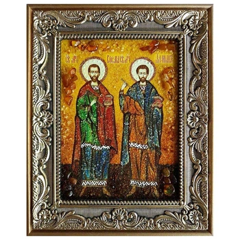 Икона "Святые мученики Косма и Дамиан" янтарная 15х20