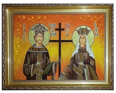 Икона "Святой царь Константин и царица Елена" янтарная 15х20