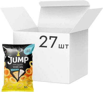 Упаковка снеків Jump Кільця кукурудзяні зі смаком Чотири сири 50 г х 27 шт (1.35 кг) (4820237693426)