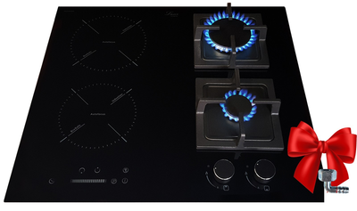 Комбинированная индукционная - газовая варочная поверхность Luxor GI 67 DL Black Booster MY + металлический уголок для подключения в подарок, черная стеклокерамика