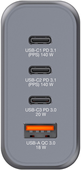 Зарядний пристрій Verbatim 2 x USB-C PD 140 W / 1 x USB-C PD 20 W / 1 x USB-A QC 3.0 GaN 4-в-1 (EU/UK/US) Grey (4021801322036)