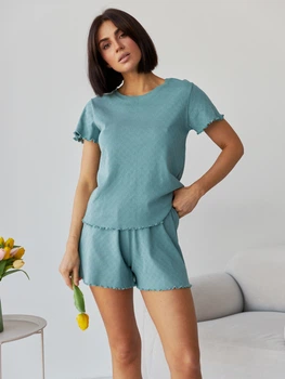 Піжама (футболка + шорти) жіноча бавовняна BARWA garments 0355/356 S Темно-бірюзова (2113553561848)