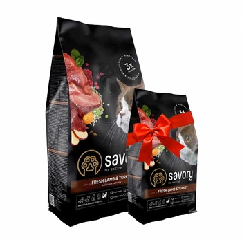 Набор сухой корм для кошек с чувствительным пищеварением Savory Adult Cat Sensitive Digestion Fresh Lamb and Turkey с ягнятиной и индейкой 2 кг + 400 г