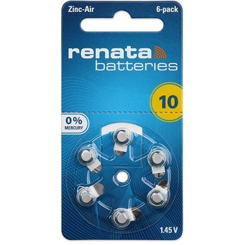 Батарейки Renata 10 (PR70) для слухового аппарата, 6 шт