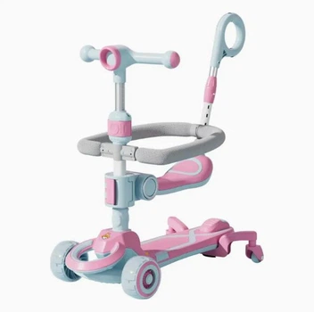 Детский самокат-трансформер City Line Baby Care 4-в-1 с родительской ручкой, бортиком и подсветкой, розовый