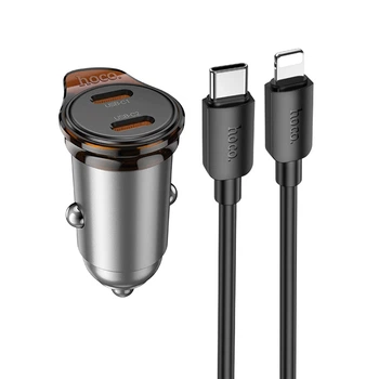 Зарядний автомобільний Hoco NZ16B (PD20W / PD25W) з кабелем Type-C to Lightning адаптер в машину, швидка зарядка для пристроїв Сірий