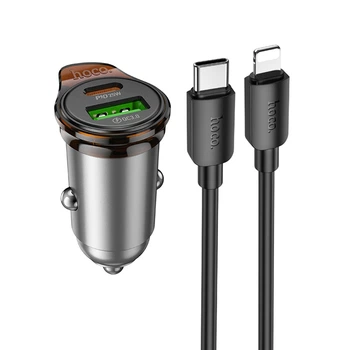 Зарядний автомобільний Hoco NZ16A (USB18W/PD30W) з кабелем Type-C to Lightning адаптер в машину, швидка зарядка для пристроїв Сірий