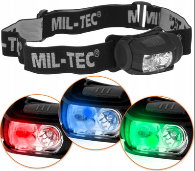 Ліхтарик налобний із 4 кольорами Mil-Tec KOPFLAMPE LED 4-FARBIG SCHWARZ (15170102)