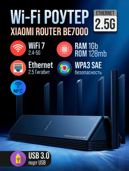 МаршрутІзатор Xiaomi BE7000 WiFi 7 USB 3.0 WAN/LAN 4x 2,5 ГбІт/с