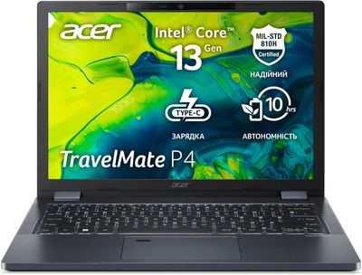 Ноутбук Acer TravelMate P4 13 TMP413-51-TCO-592D (NX.B55EU.003) Slate Blue / 13.3" IPS WUXGA / Intel Core i5-1335U / RAM 16 ГБ / SSD 512 ГБ / Зарядка від USB / Підсвітка клавіатури