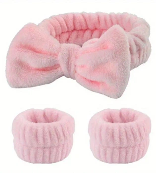 Набір для вмивання пов’язка та манжети-напульсники (рожевий)