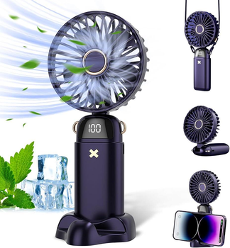 Портативний ручний настільний mini Fan вентилятор з акумулятором та зарядкою від USB, підставка для телефону Синій
