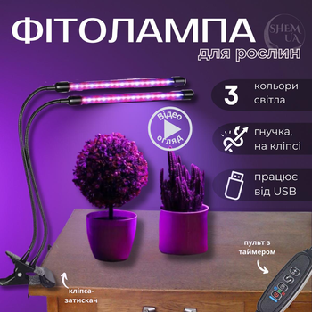 Фитолампа для растений двойная 10Вт, настольная светодиодная LED лампа на 2 ветки для подсветки рассады, комнатных и тепличных растений с таймером, клипсой-зажимом и USB питанием, синий, красный, фиолетовый свет Черная LP-417