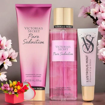 Подарунковий набір Victoria's Secret Pure Seduction Fragrance Mist + Lotion + Lip Flavor Gloss Lustruous Mint (334м)