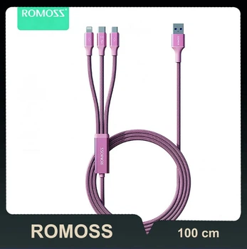 Зарядка 3 в 1 ROMOSS нейлонова з USB to Micro / Lightning / Type-C 6A 100 см Рожевий