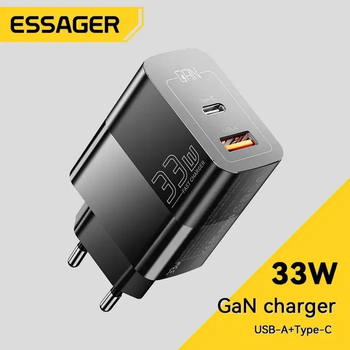 Зарядное устройство Essager 33W GaN PD3.0 QC3.0 USB-C+USB-A Black