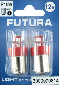 Лампочка 1-но конт. груша красная LED SMD 12V 12-диодов R10W BA15s (Futura) (к-т.-2шт.) 95Lm 70814