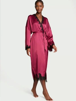 Халат сатиновый длинный Victoria's Secret Satin & Rose Lace Open-Back Long Robe бордовый M/L