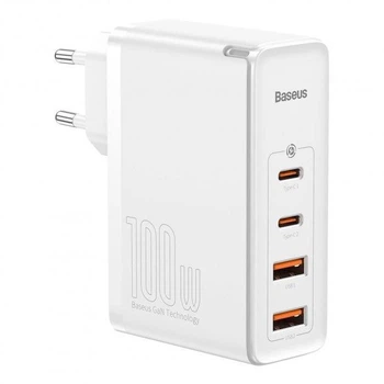Зарядное сетевое устройство Baseus GaN2 Pro 100W 2 Type-C + 2 USB с функцией быстрой зарядки QC4.0+PD3.0 + Кабель Type-C to Type-C 100W 1m (CCGAN2P-L02) White