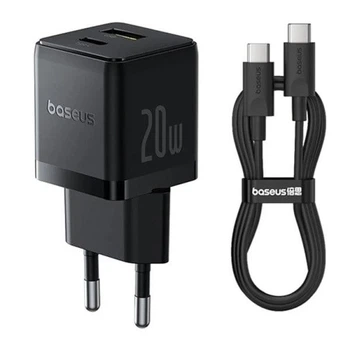 Комплект для швидкої зарядки Зарядний мережевий пристрій Baseus Palm 20W Type-C+USB QC3.0+PD3.0 + Кабель Type-C to Type-C 60W 1m (P10111608113-01) Black