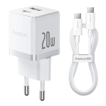 Комплект для быстрой зарядки Зарядное сетевое устройство Baseus Palm 20W Type-C+USB QC3.0+PD3.0 + Кабель Type-C to Type-C 60W 1m (P10111608213-01) White
