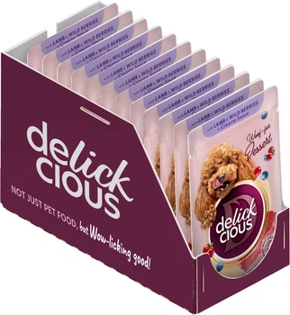 Вологий корм для дорослих собак Delickcious Пластівці з ягнятиною та лісовими ягодами у вершковому соусі