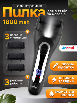 Портативная электро пилка пемза для пяток ног и мозолей Andowl Q-MJ918X1 Аккумуляторная 1800 мАч c USB-зарядкой водонепроницемая роликовая пилочка по уходу за ногами и для удаления ороговевшей кожи (Черная)