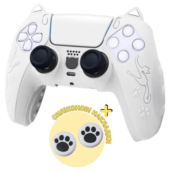 Качественный защитный силиконовый чехол Cat Ear White для геймпада Sony DualSense PS5 + накладки на стики [466129474]