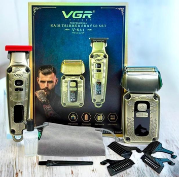 Акумуляторна машинка для стрижки та шейвер 2в1 VGR V-641 Набір для стрижки волосся та бороди з насадками
