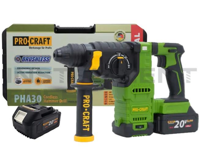 Аккумуляторный перфоратор ProCraft PHA-30 (бесщеточный двигатель, регулировка оборотов, 20В, 2 аккумулятора 4 А/ч, зарядное устройство, кейс)