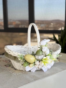 Пасхальная корзина 36х26х33см hand-made MIS LT белая с бело-зеленым декором и зайчиком