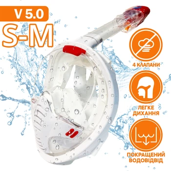 Маска для плаванья S/M VelaSport 5.0 Полнолицевая панорамная Снорклинг Маска на все лицо для купания ныряния 4 клапана Инновационная от запотевания с креплением для экшн камеры детские и взрослые White