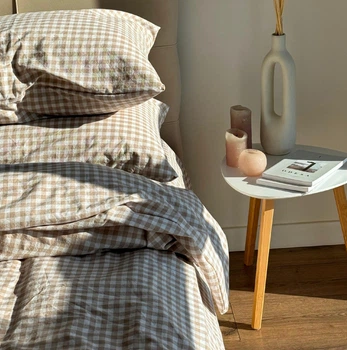 Комплект постельного белья LavSon Washed Cotton Вареный хлопок Полутораспальный 150х220 с простыней на резинке 120х200х25 Кубик беж (Наволочки 70х70)