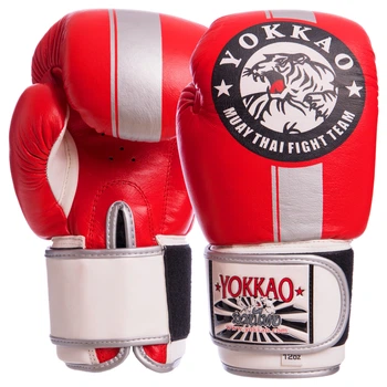 Перчатки боксерские кожаные YOKKAO (размер 14oz, Красно-серый) (YK016_Красно-серый_14_унции)