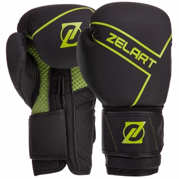 Перчатки боксерские кожаные Zelart Pro (размер 12oz, Черно-салатовый) (VL-3149_Черно-салатовый_12_у)