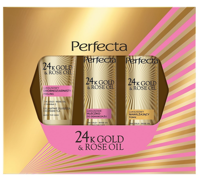 Набір для догляду за обличчям Perfecta 24K Gold and Rose Oil Пілінг дрібнозернистий 75 г + Зволожувальний тонік 200 мл + Молочко для зняття макіяжу 200 мл (5900525092465)